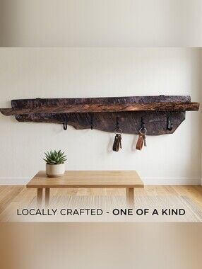 Rustic Live Edge Dark Brown Wood Wall Mounted Coat Rack with Cast Iron Hooks